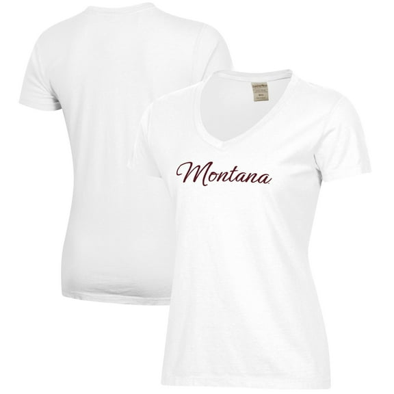 Women's  White Montana Grizzlies Script Logo Comfort Wash V-Neck T-Shirt