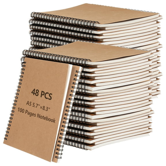 48 Pcs A5 Spiral Notebooks, Brown Kraft Paper Cover Notebooks, Hardcover Lined Notebooks, Sturdy Travel Journals with Smooth 70GSM Paper for School, Office, Travel, 100 Pages
