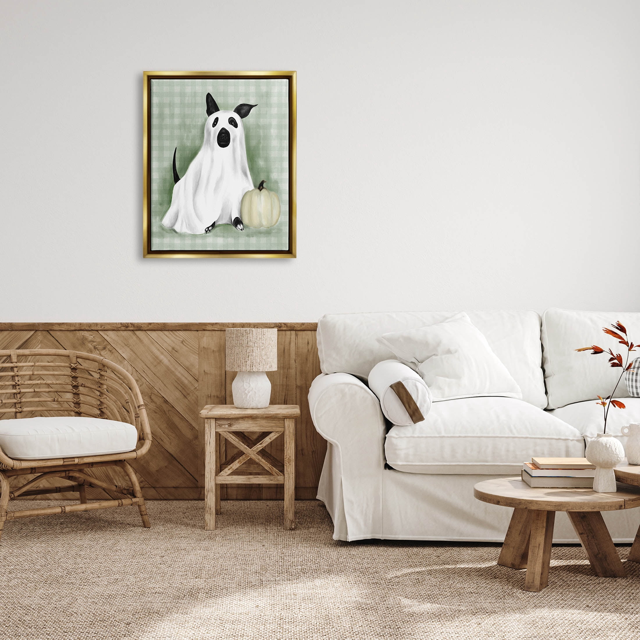 Stupell Industries Dog Ghost Halloween Costume Graphic Art Metallic Gold Floating Framed Canvas Print Wall Art, Design by Lil' Rue