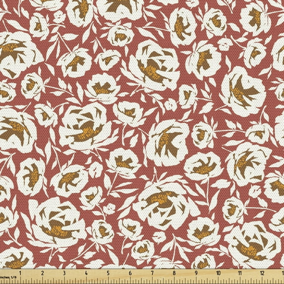 Floral Fabric by the Yard, Continuous Warm Autumnal Tones Petals Spring Blossom, Upholstery Fabric for Dining Chairs Home Decor Accents, Caramel Dark Salmon by Ambesonne