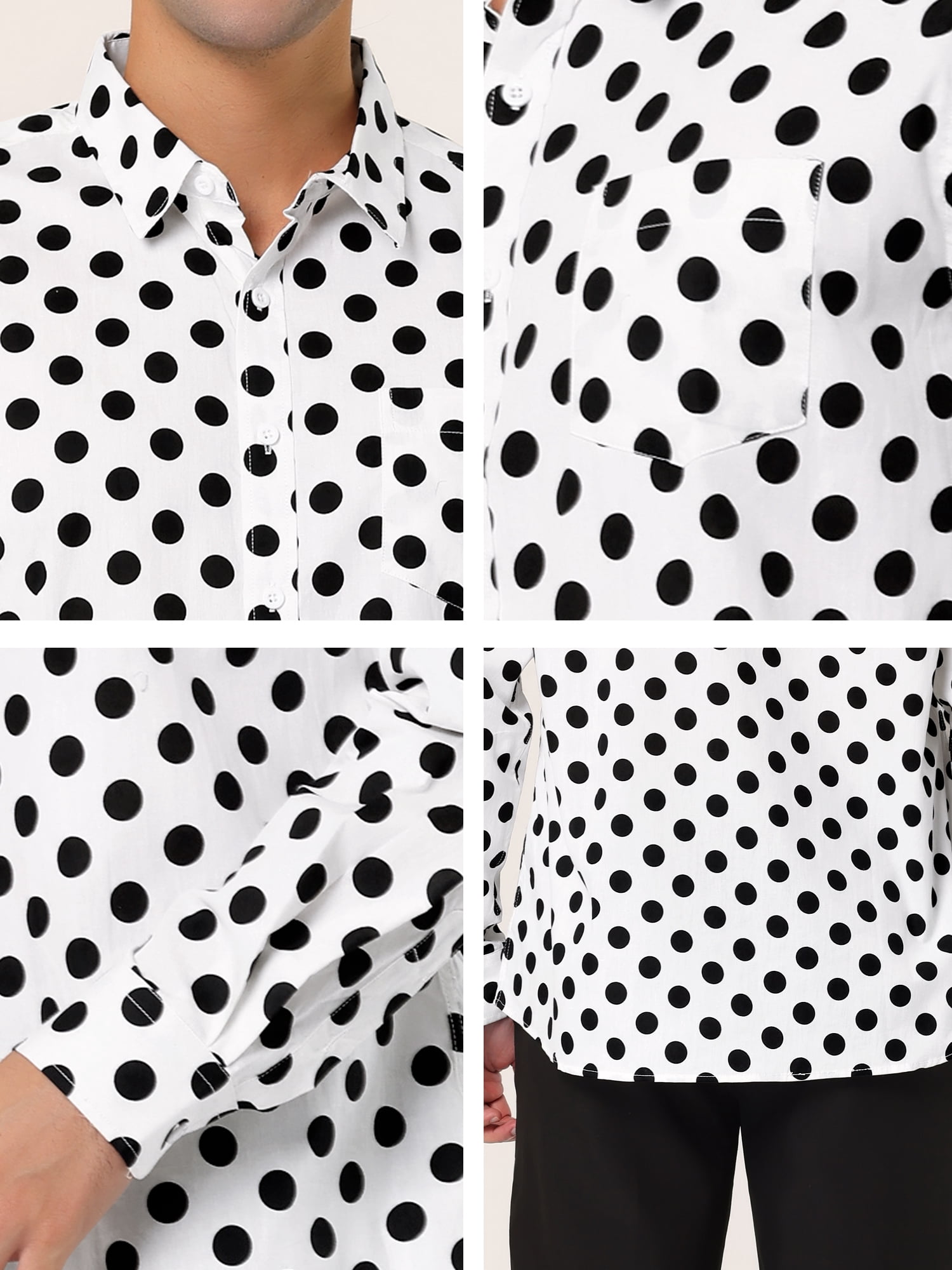Unique Bargains Men's Long Sleeve Button Slim Polka Dots Shirt 34 White and Black