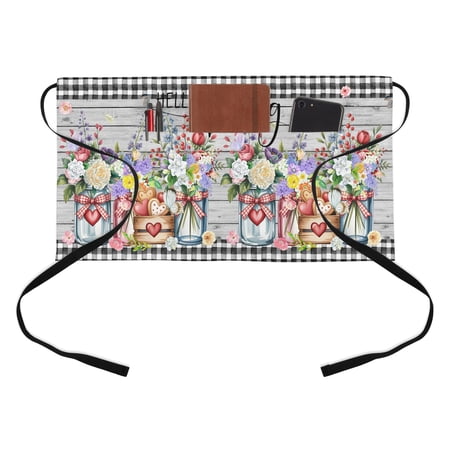 Hello Spring Kitchen Restaurant Half Waist Apron, Rose Purple Pink Flower Red Heart Gray Wood Grain Plaid Server Short Apron with 3 Pockets Waterproof Oil Waist Aprons for Women Waitress Waiter