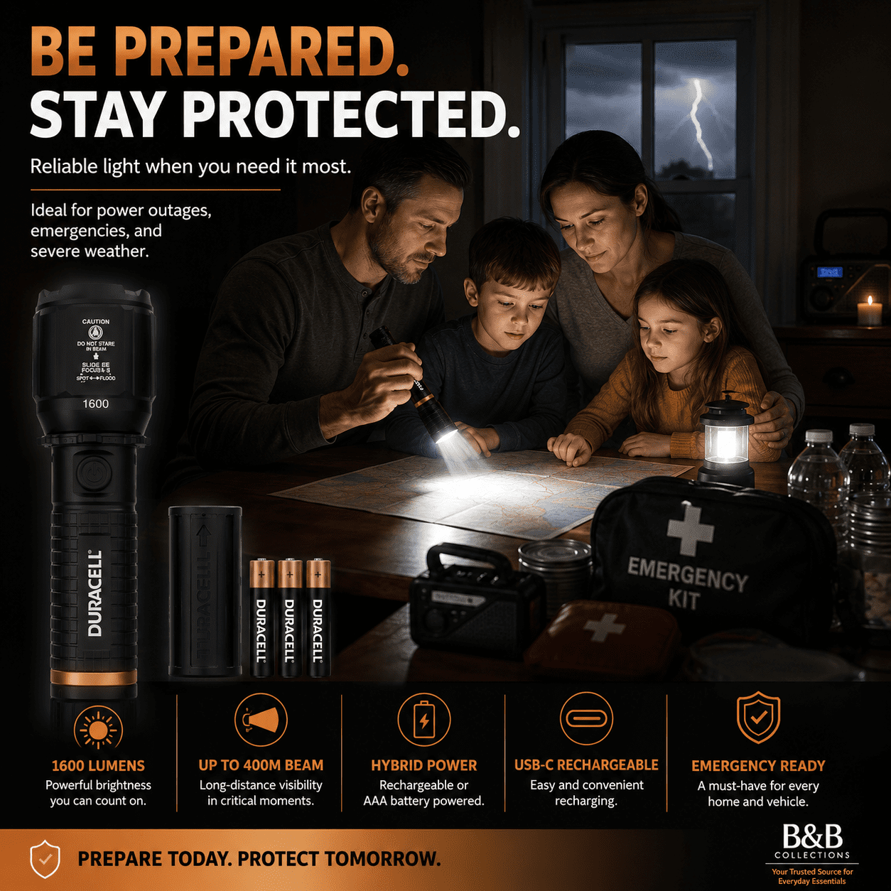 Duracell Durabeam Ultra Hybrid LED Flashlights, 1600 Lumens, USB-C Rechargeable or AAA Battery Powered, Zoom Focus, 3 Pack