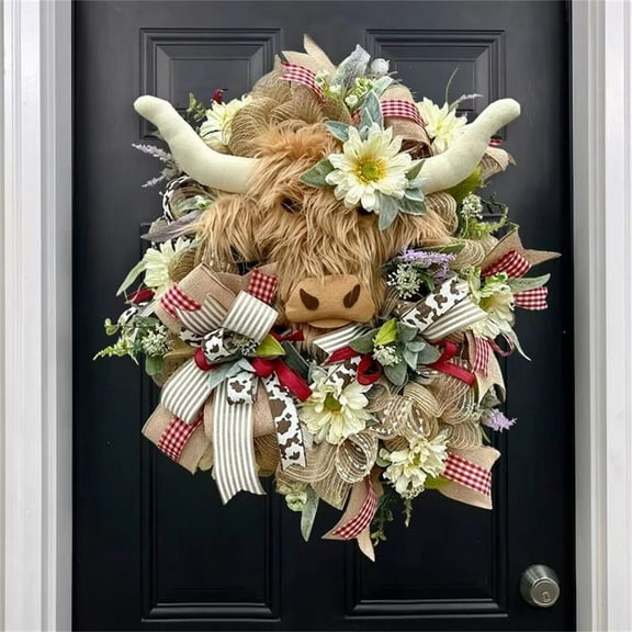 CSSAD Easter Wreath, 16" Easter Bull Head Wreath with Bows, Easter Wreaths with Green Leaves and Flowers for Front Door, Hanging Decorations for Home Party Farmhouse