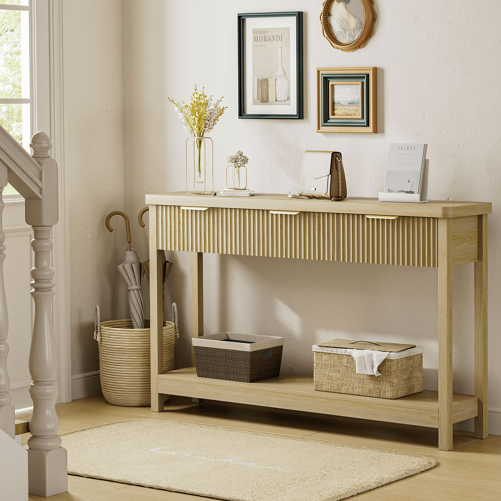 Aufeile 51" Entryway Table, Fluted Console Table with 3 Storage Drawers and Open Shelf, Narrow Couch Sofa Table for Living Room Hallway Entrance Foyer, Natural Oak