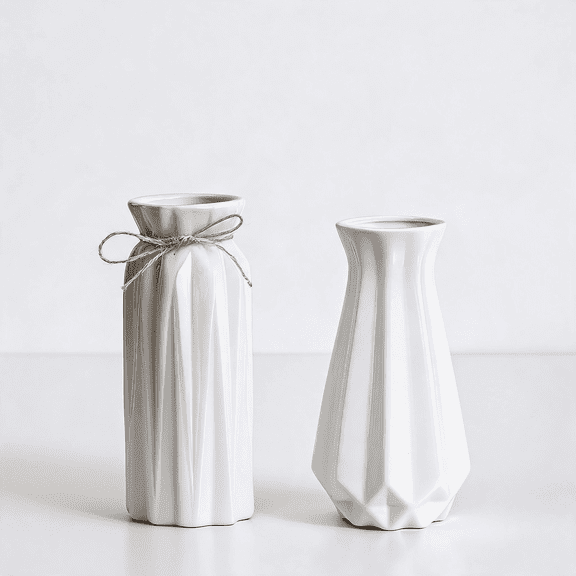 Set of 2 White Origami Ceramic Flower Vases, Geometric Small Decorative Vases for Home Decor