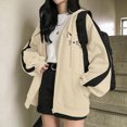 thumbnail image 2 of Women's Hoodie Oversize Cute Cat Print Zipper Hooded Jacket Stripe Patchwork Long Sleeve Plus Size Clothes Outfits Beige, 2 of 5