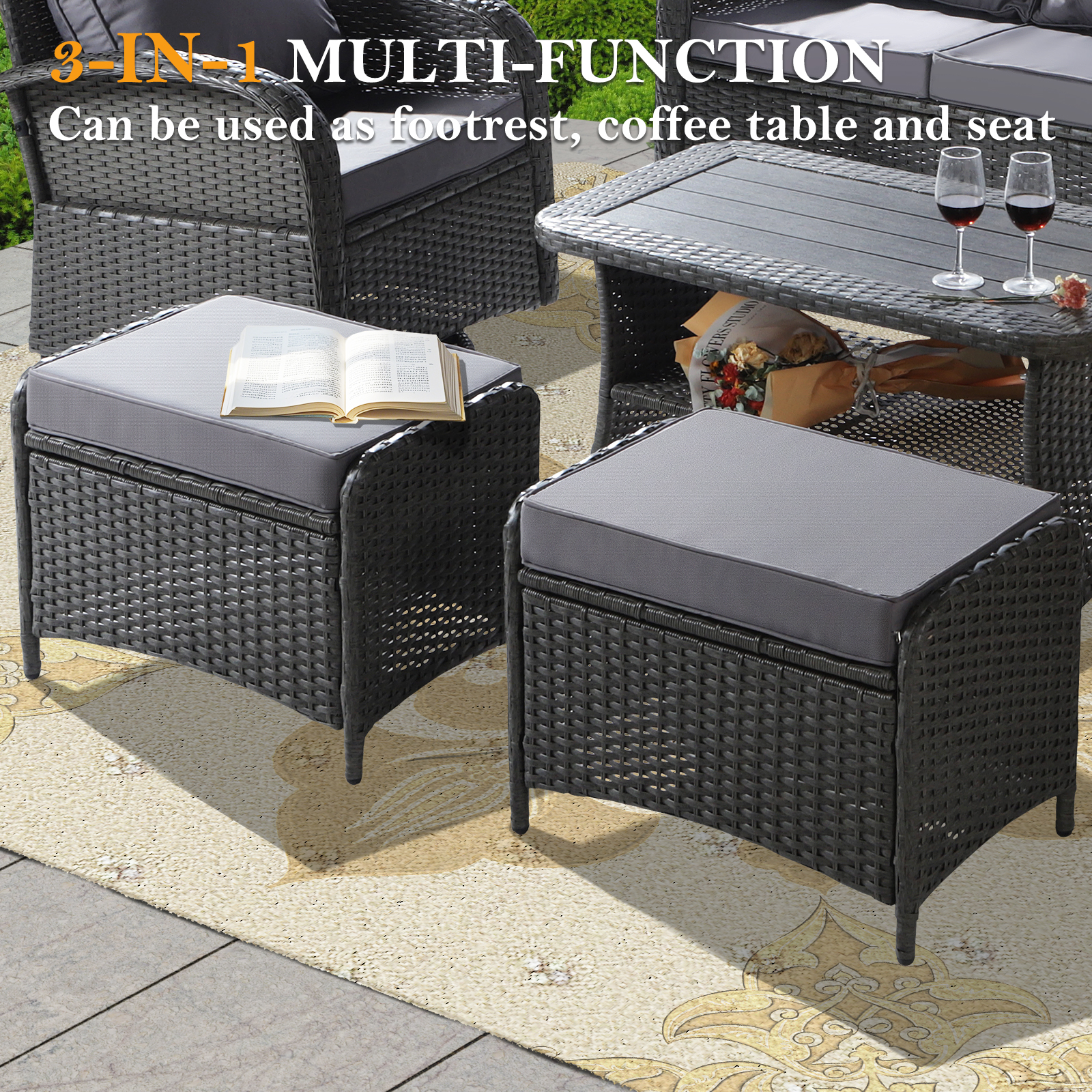 NOBLEMOOD 6 Pieces Patio Furniture Set with Swivel Chairs, All Weather Outdoor Rattan Conversation Sectional Sofa Set with Coffee Table, Ottoman for Porch Deck Garden