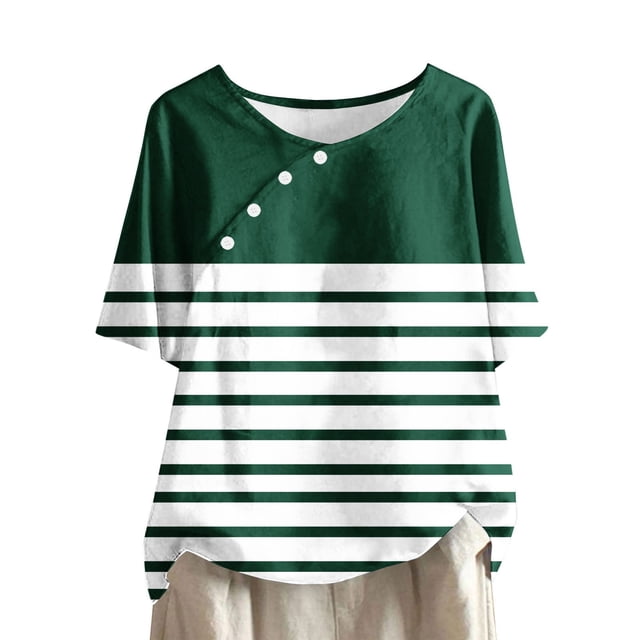 Tops de Lino para Mujeres Imprimir Suéter Cuello Redondo Manga Corta Superior Poliéster, Blusa de Moda Casual para la Primavera Y el Verano