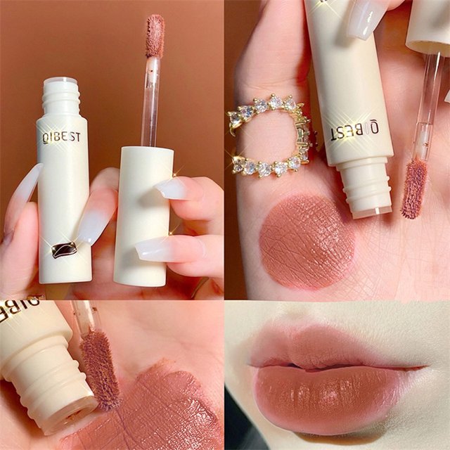 QIBEST-pintalabios líquido resistente al agua, brillo de labios de terciopelo de larga duración, mate, Nude, maquillaje de labios, belleza roja, taza antiadherente