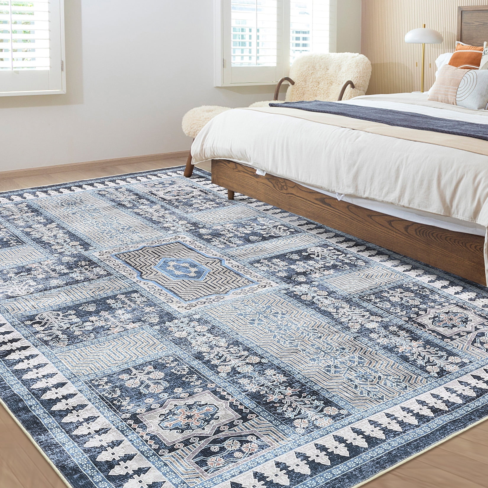 HOMERRY 8' x 10' Washable Bedroom Carpet Floral Geometric Area Rug for Dining Room, Blue