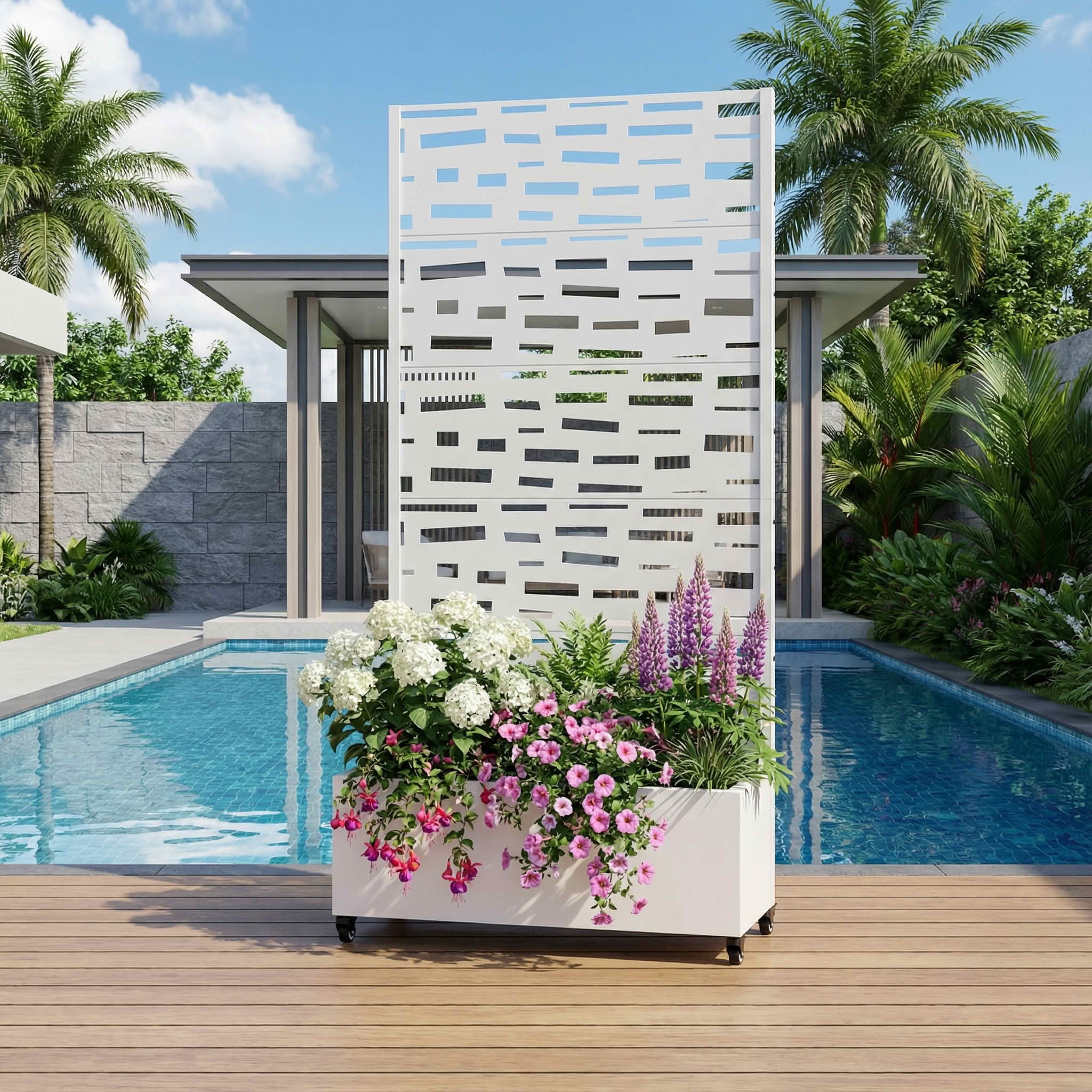 MAYEERTY 72X35" Metal Outdoor White Privacy Screen with Planter Box for Backyard & Garden, 5 Piece Set
