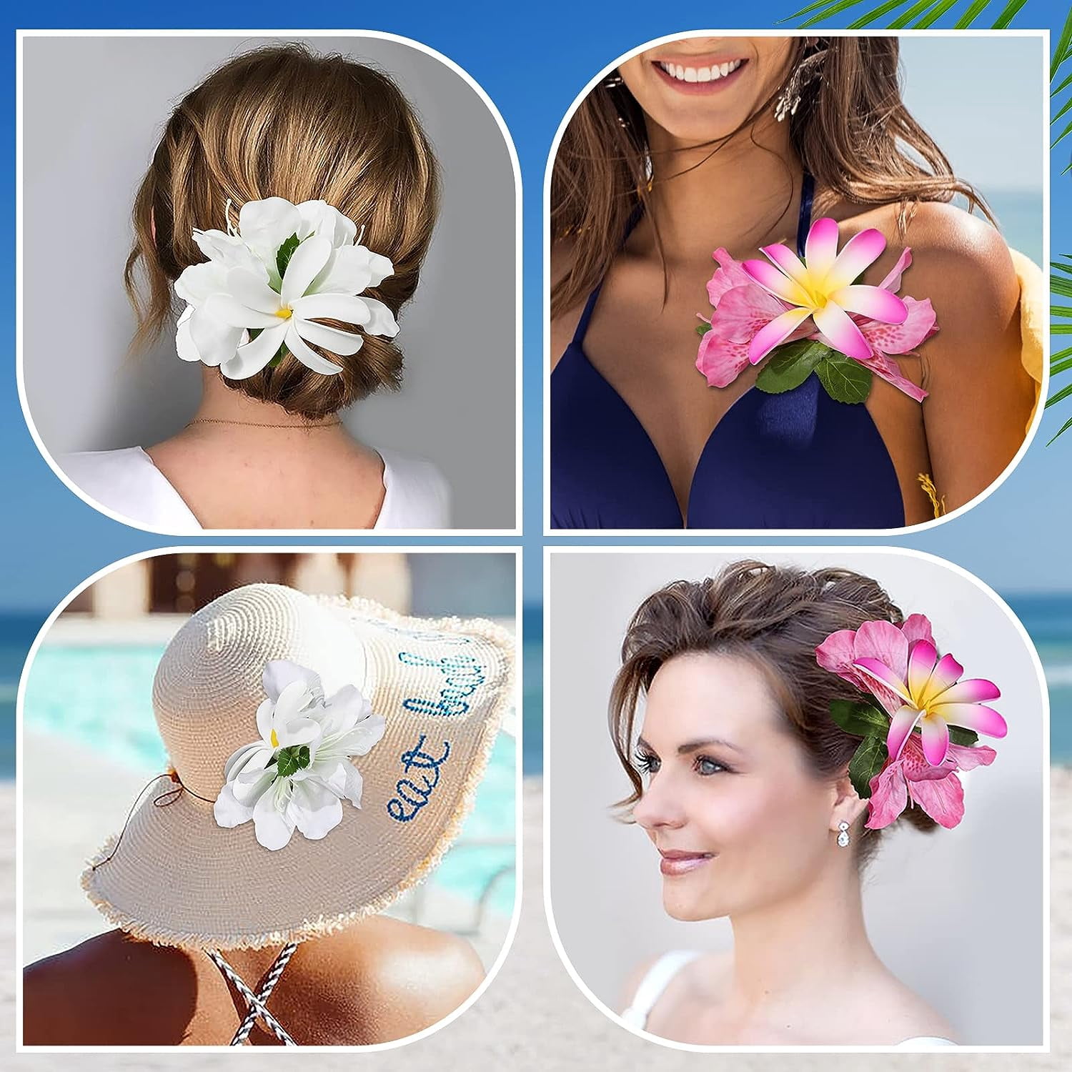 Hawaiian Hair Clip, 3 Pieces Tropical Flower Hair Pins - Artificial Hawaiian Flower Hair Accessories in White, Rose Red, and Purple for Women, Wedding Hair Piece