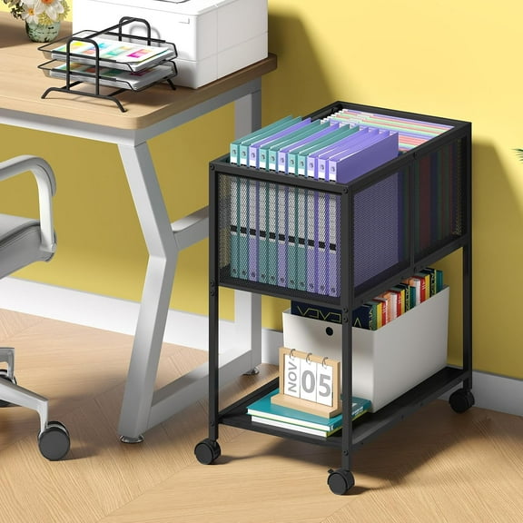 Rolling File Cart, Mobile File Cabinet with Wheels Hanging Files, Metal Hanging File Folder Cart File Organizer Fit Letter Size for Home Office, Black (Patent Pending)