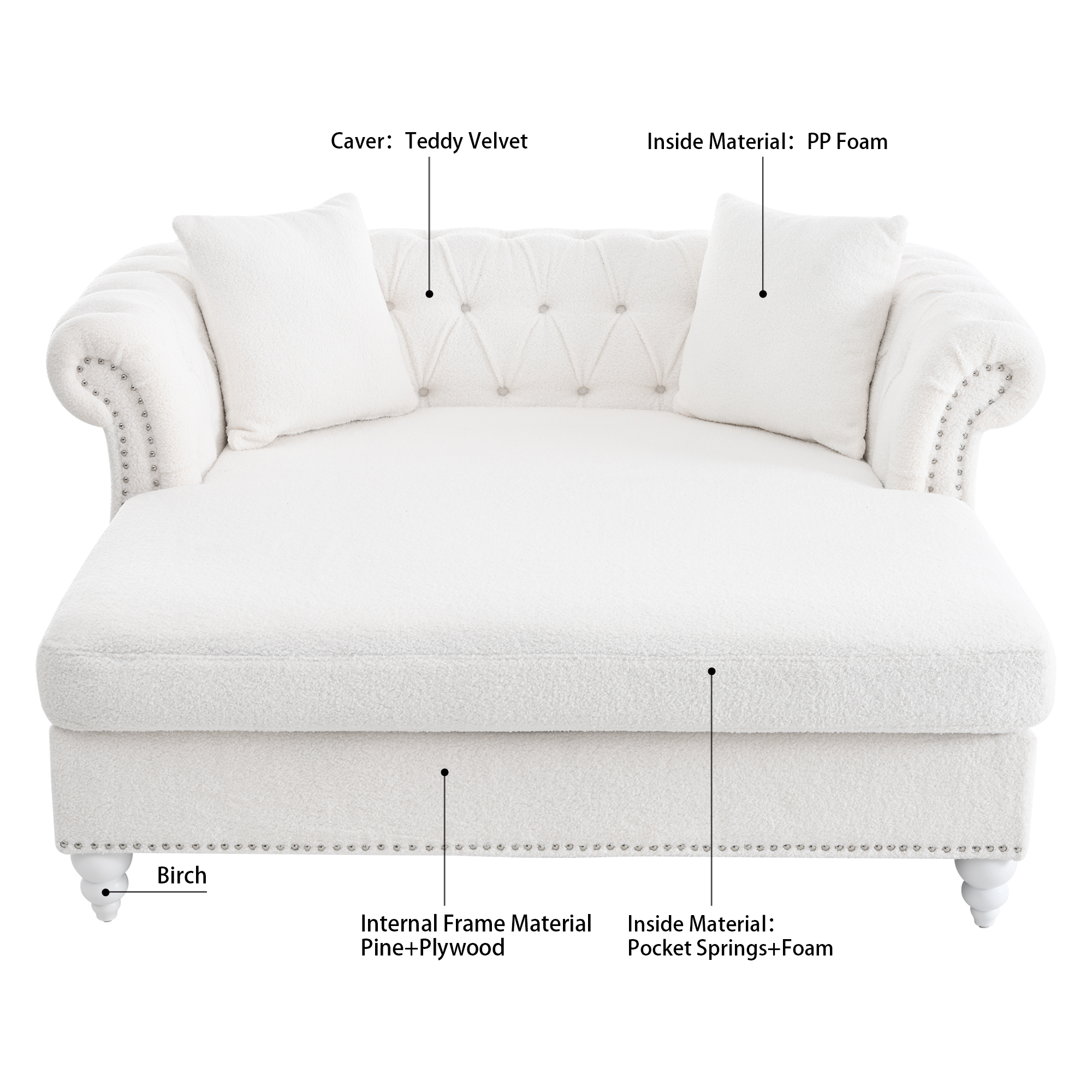 Chesterfield Sofa Chaise Lounge, Polyester Tufted Couch Loveseat With Nailhead Trim and Rolled Arms For Living Room Office Apartment
