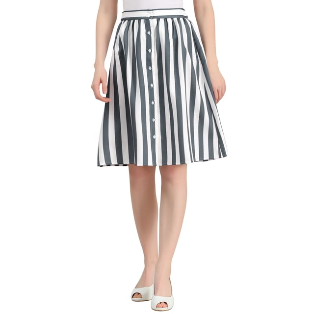 Unique Bargains Women's Stripes Button Front Elastic Back A Line Midi Skirt
