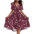 thumbnail image 4 of Smsaxvxz Dresses for Women Fashion Floral Printed V Neck Short Sleeve Bandage Pleated Knee Length Sundress Beach Summer Dresses Purple XL, 4 of 7