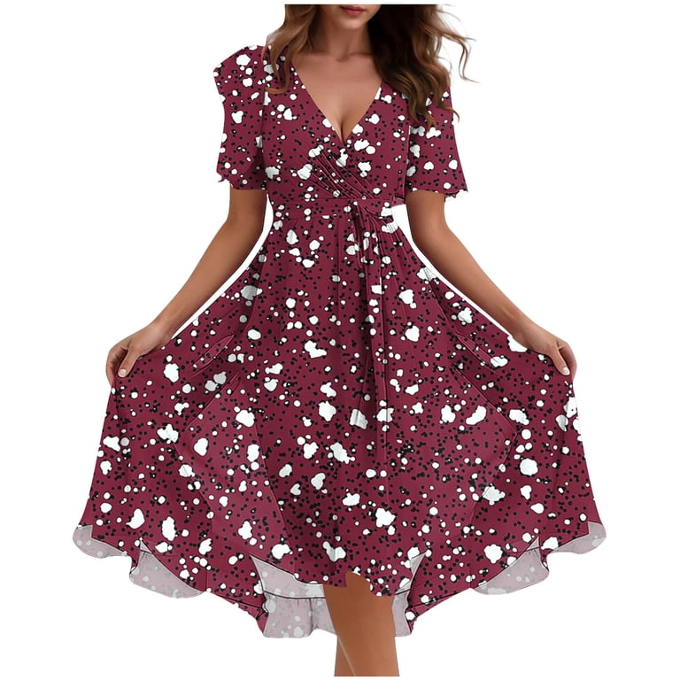 ladies summer swing dresses Lenago Womens Summer Dresses V Neck Short Sleeve Floral Print Midi Dress with Pockets Flowy Swing Vacation Casual Sundress S-2xl, Women's