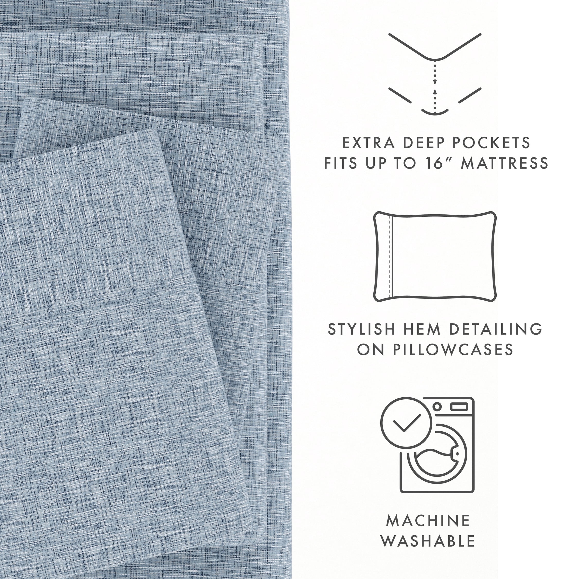 Noble Linens 3 Piece Pattern Microfiber Bed Sheets Set, Light Blue Chambray Style, Twin