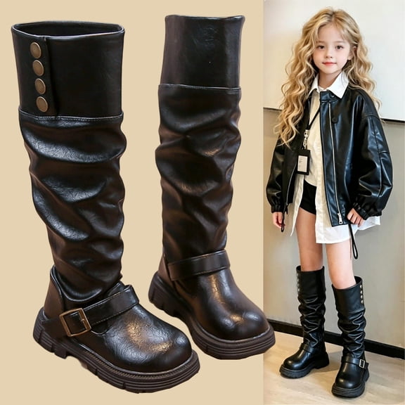 Girls Knee High Boots Fashion Lug Sole Side Zipper Tall Riding Boots for Toddler Little Kid Big Kid