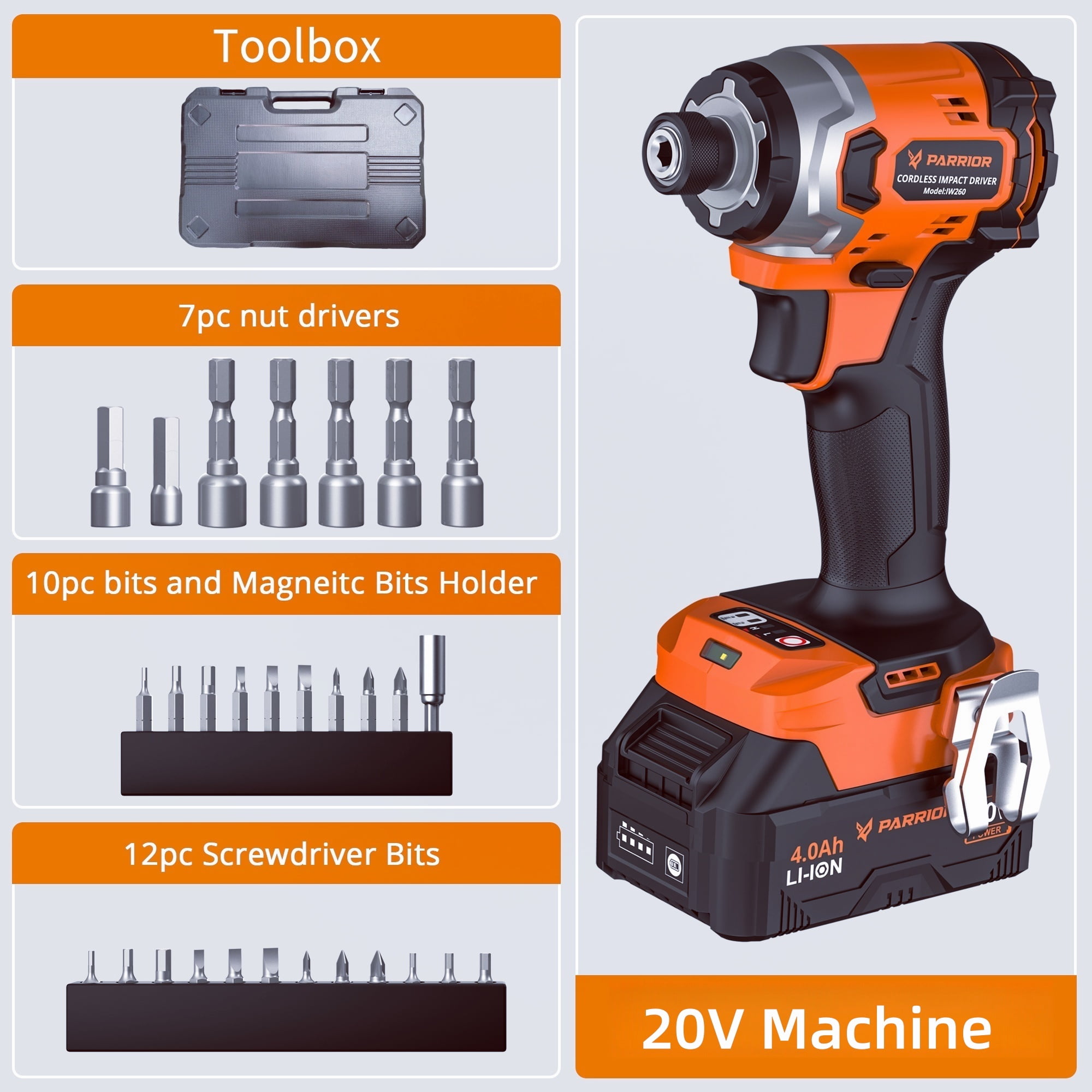 Parrior Cordless Electric Screwdriver, 30pc 20V Power Drill Set with Battery and Charger, 230N.M Brushless Motor for Home Office DIY Tools