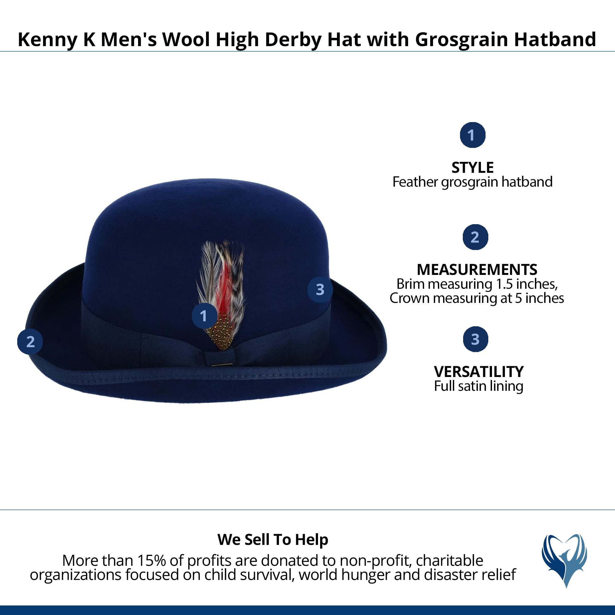 Kenny K  Wool High Derby Hat with Grosgrain Hatband (Men)
