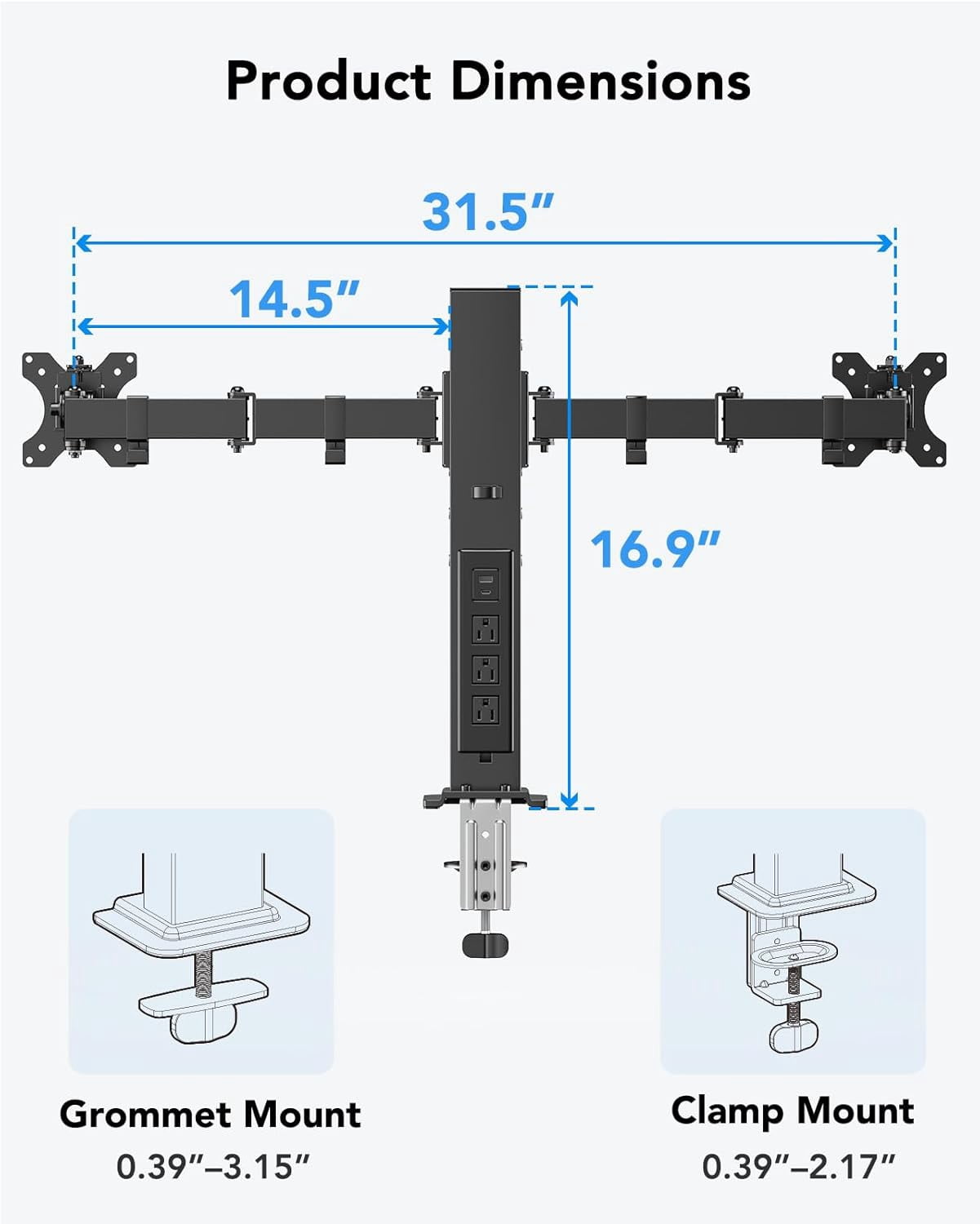 Dual Monitor Stand with Power Outlet, Full Motion Double Monitor Mount for 13-32 Inch Screens