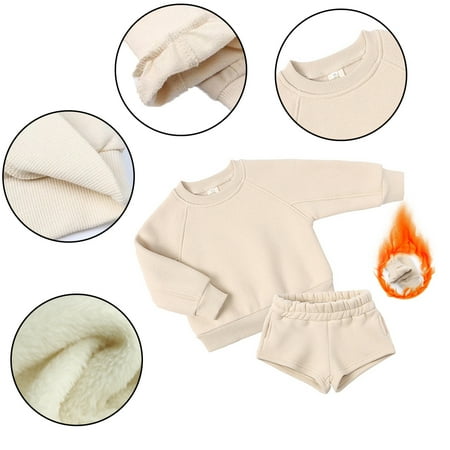 

KYAIGUO Toddler Kids Winter Casual Sweatshirt Athletic Shorts Set for Girls Boys 2PCS Long Sleeve Crewneck Loose Sweatshirt and Shorts Baby Thick Fleece Tracksuits Outfits for 1-14Y