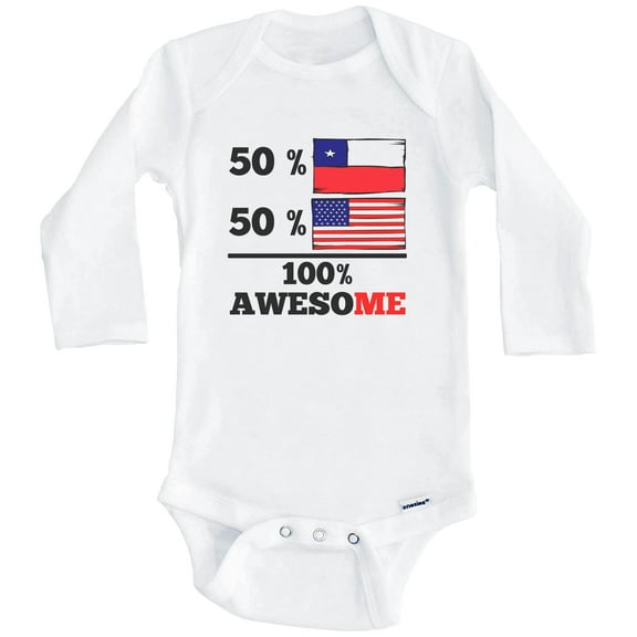 50% Chilean 50% American 100% Awesome Funny Chile Flag One Piece Baby Bodysuit (Long Sleeve), 0-3 Months White
