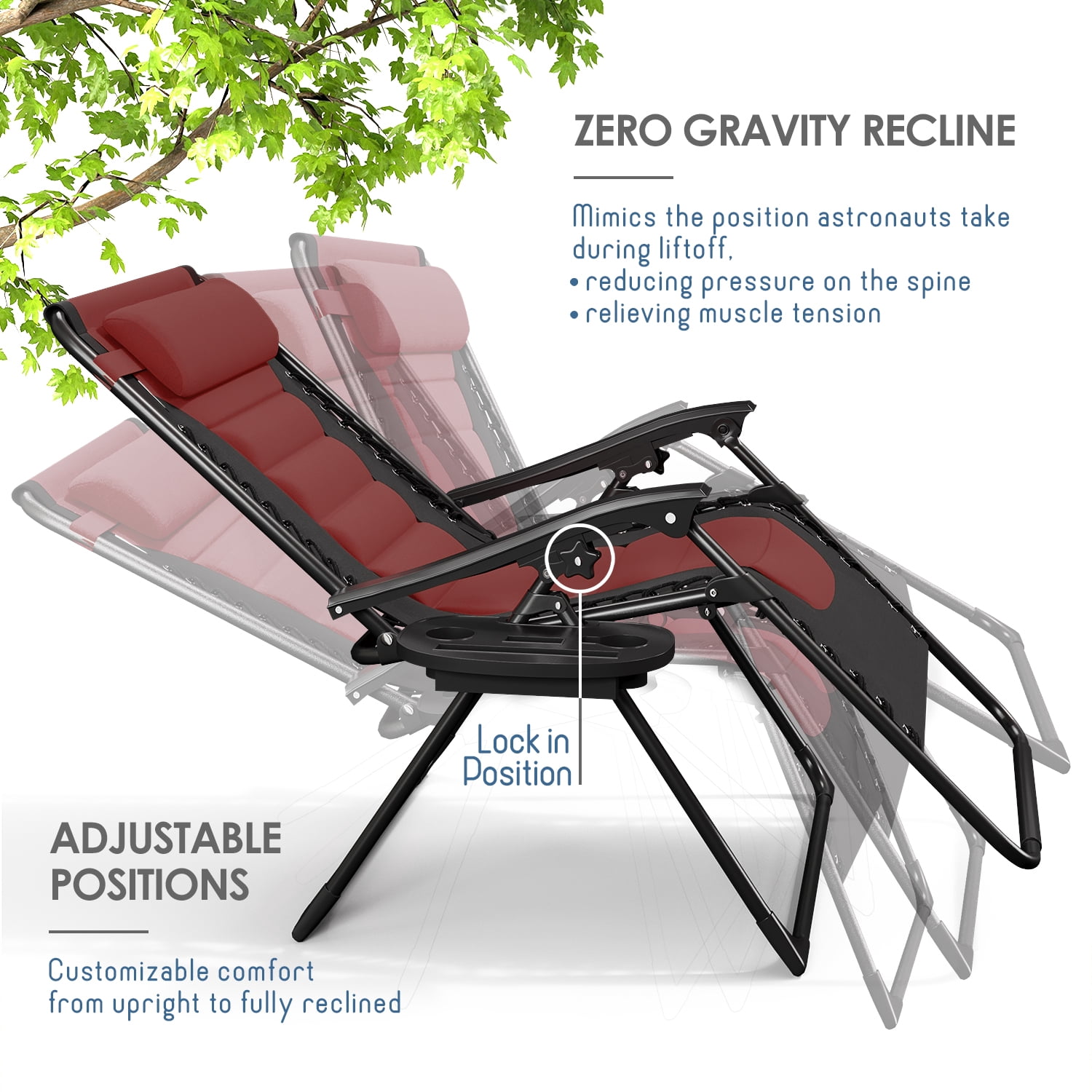 LammaLoe Padded Zero Gravity Chair set of 2, Oversized, Lounge Chair Outdoor, with Adjustable Headrest and Side Tray, 330 lbs Capacity – Black/Burgendy
