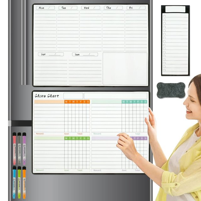 3Pcs Fridge Magnetic Calendar Reusable Magnetic Weekly Planning White Board with 6 Markers Pen Eraser Removable Fridge Whiteboard Calendar for Home Kitchen