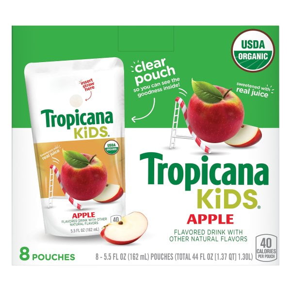 Tropicana Kids Organic Juice Drink Pouch, Apple, 5.5 oz Pouches, 8 Count