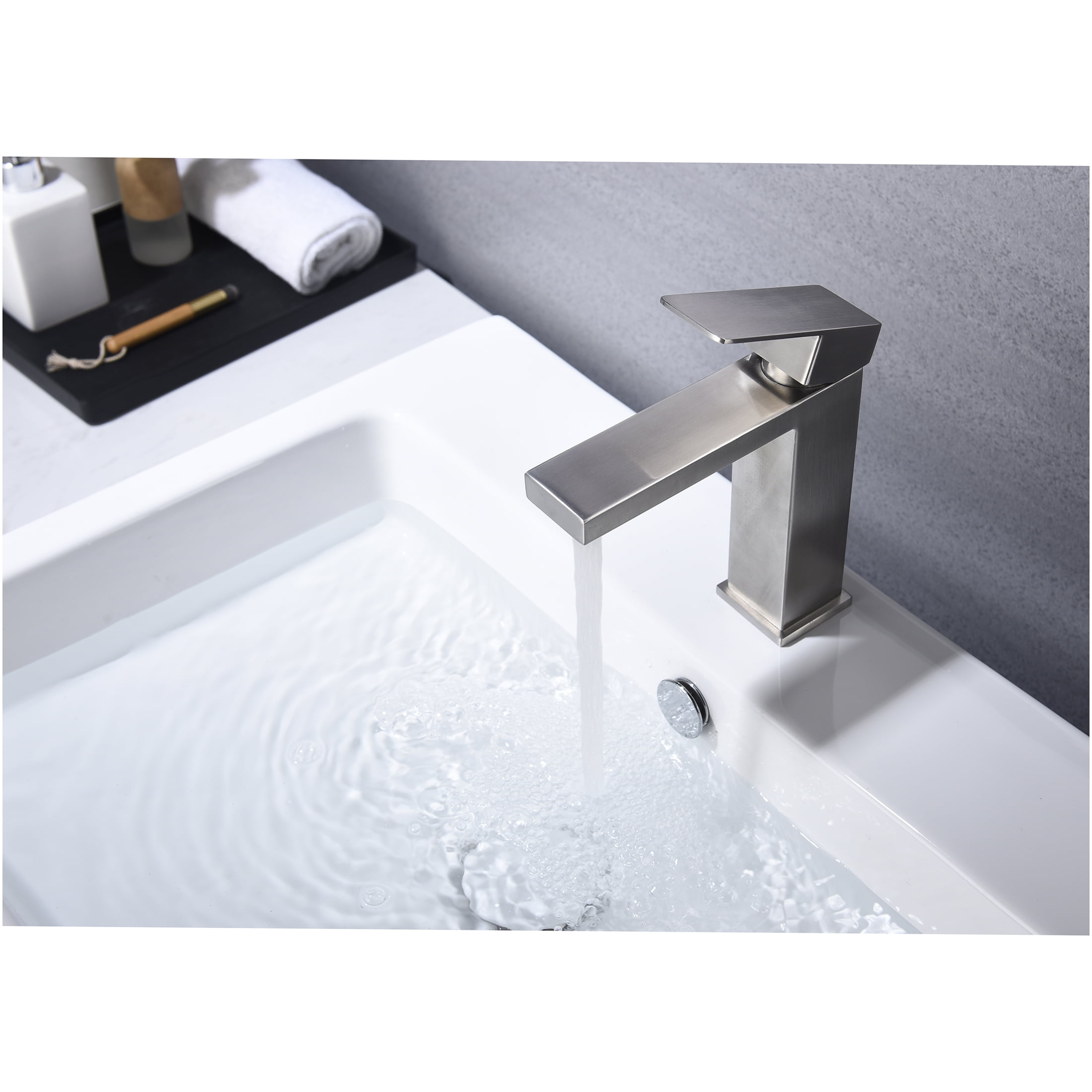 JERFIT Modern Single Handle Waterfall Bathroom Sink Faucet with Ceramic Cartridge, Brushed Nickel Finish, 1-Hole Deck Mount Vanity Tap