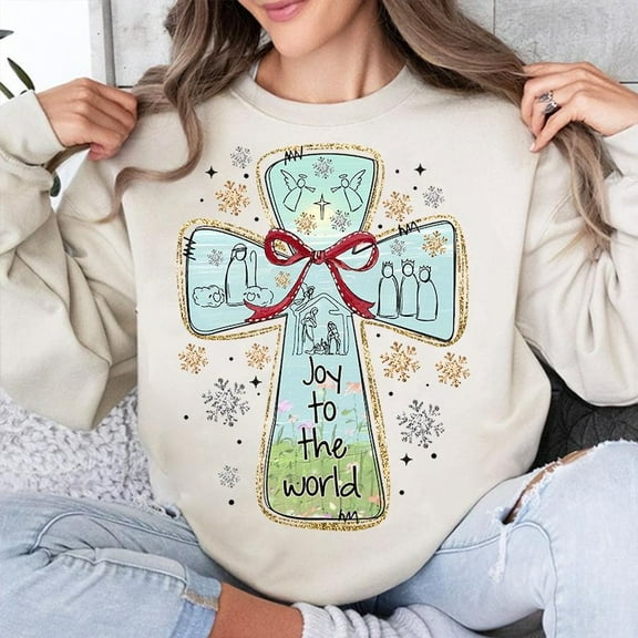 Joy To The World Sweater, Oh Holy Night Coquette Bow Jesus Christian Christmas Sweatshirt