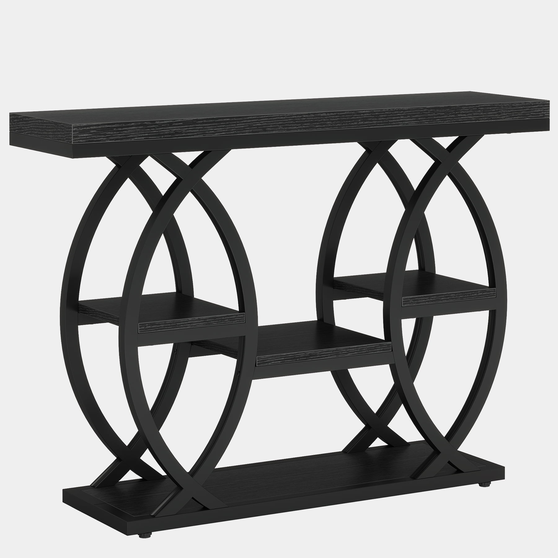 Fnova 39.4" Industrial Console Table, 4-Tier Retro Staggered Storage Shelves, Narrow Wood Accent Table with Metal Frame, for Small Spaces, Entryway, Sofa, Hallway