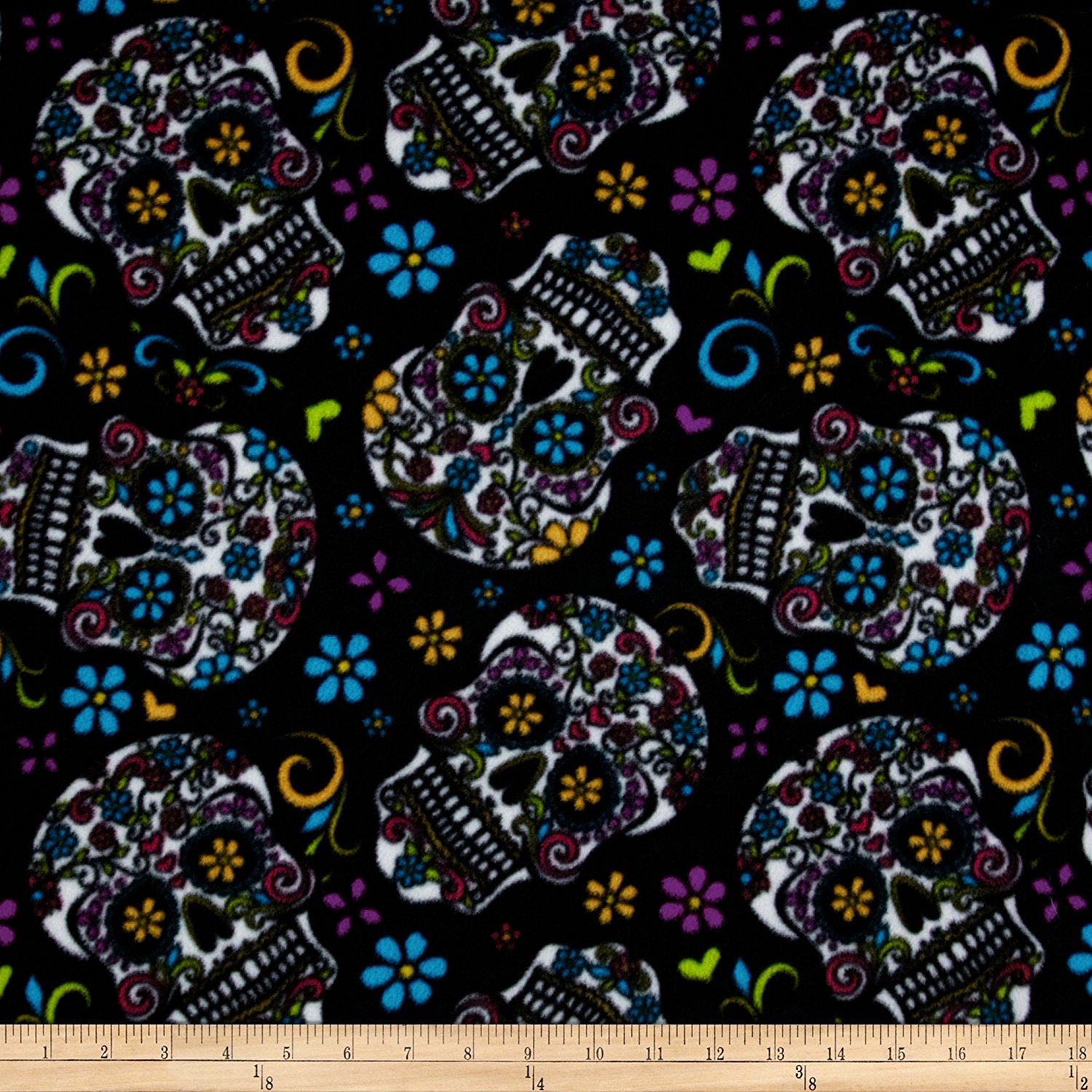 Celebration Fleece Folkloric Skulls Black Fabric By The Yard, Fleece By