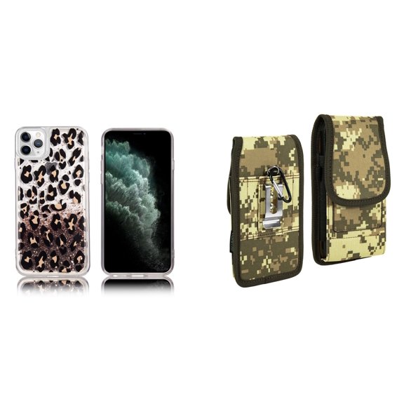 Liquid Glitter Case for iPhone 14 Pro and Belt Holster Pouch (Leopard/ACU)