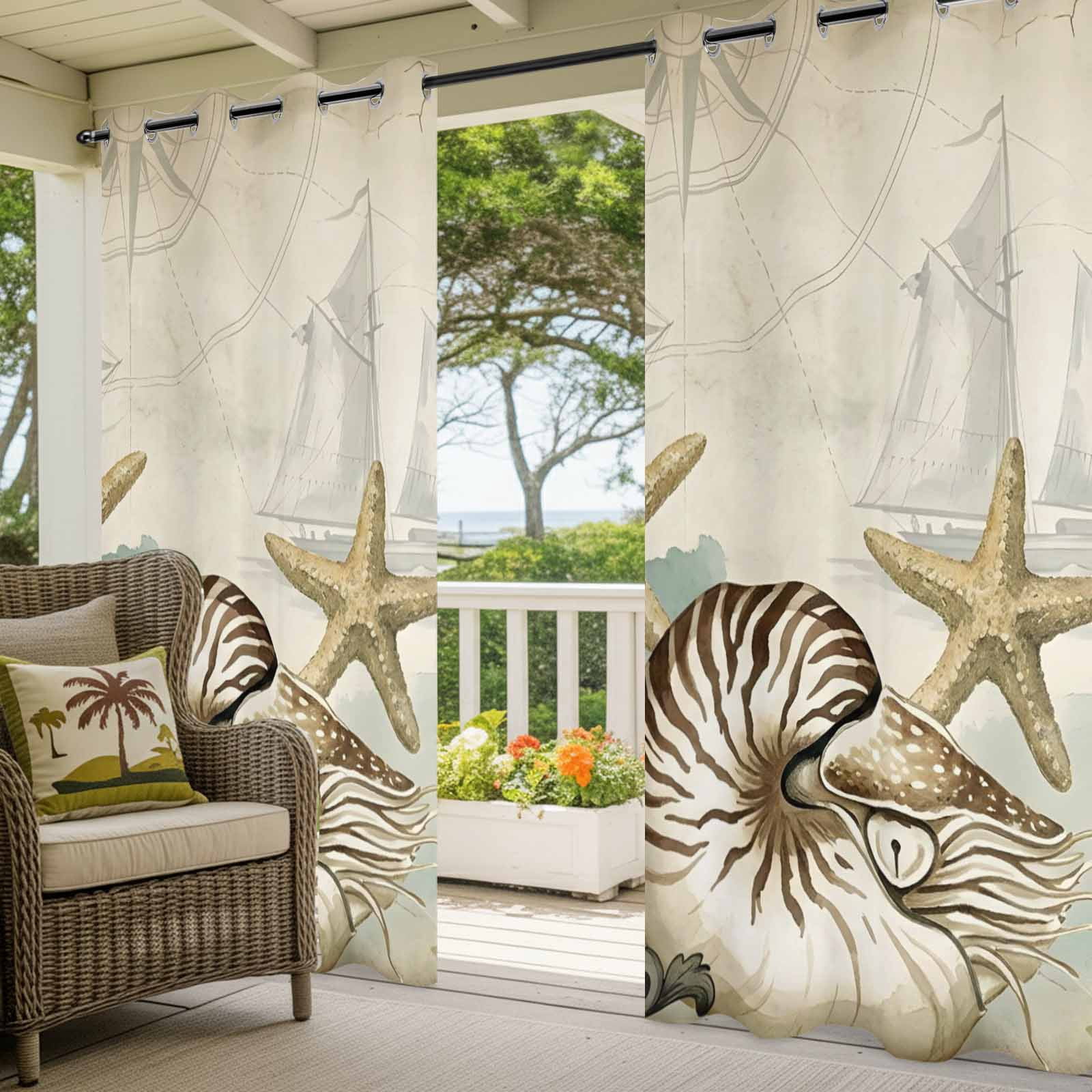 Nautical Sailboat Outdoor Curtains for Patio, Conch Yellow Starfish Vintage Watercolor Sunshade Privacy Drapes Grommet Waterproof Outside Curtains for Porch/Cabana/Balcony 54"x 108", 1 Panel