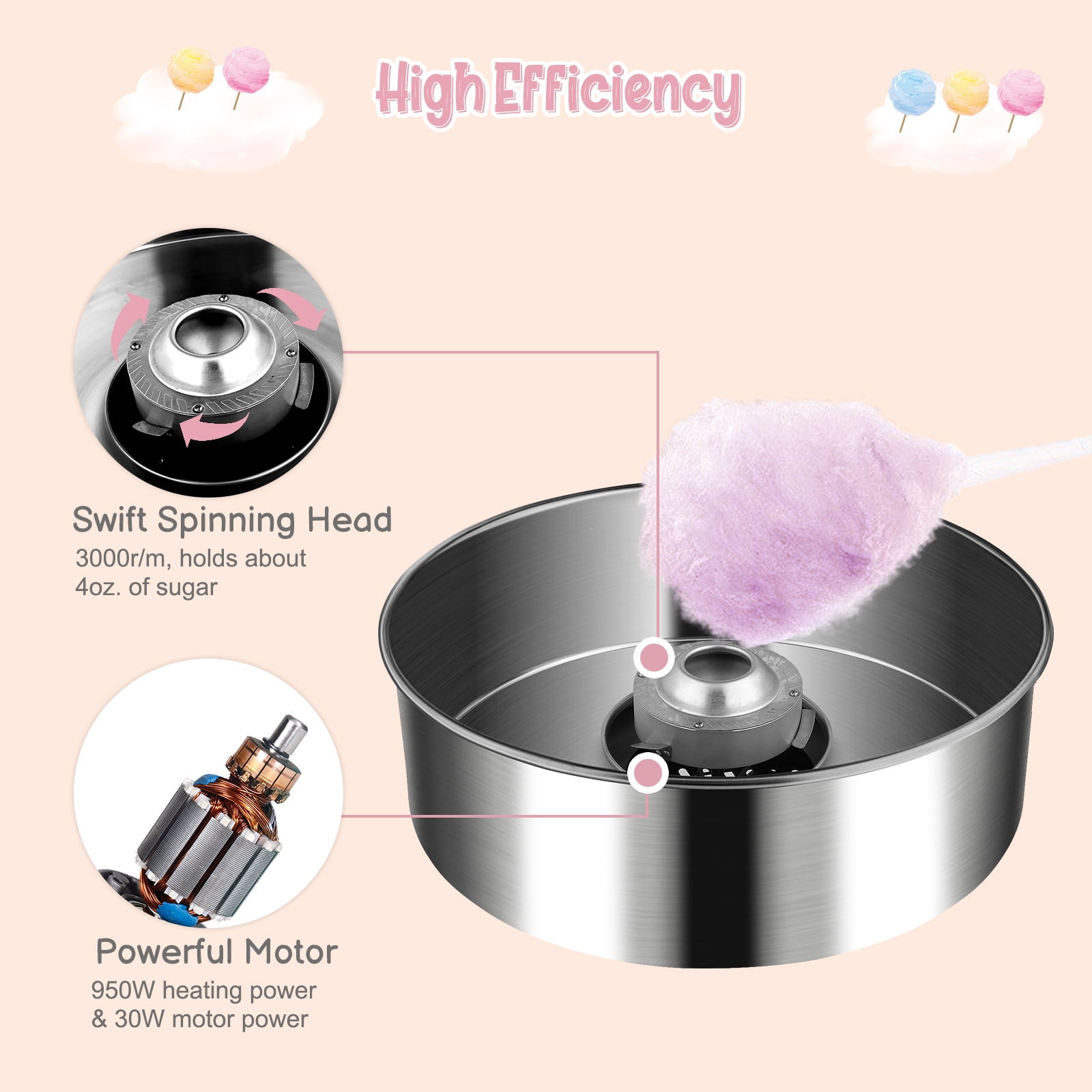 ROVSUN Cotton Candy Machine with Cart Stainless Steel, 21 Inch Electric Cotton Candy Maker Candy Floss Maker w/Sugar Scoop and Large Storage Drawer for Commercial Home Party Carnival, Pink