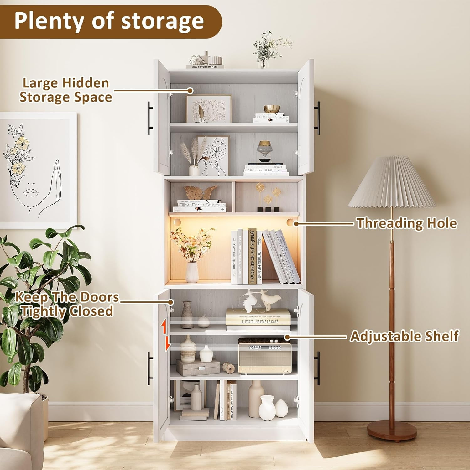 Garvee 71" Tall Kitchen Pantry Storage Cabinet with RGB Lights, Freestanding Pantry Cabinet with Microwave Shelf, Minimalist Hutch for Dining Room, Bathroom, Living Room, White