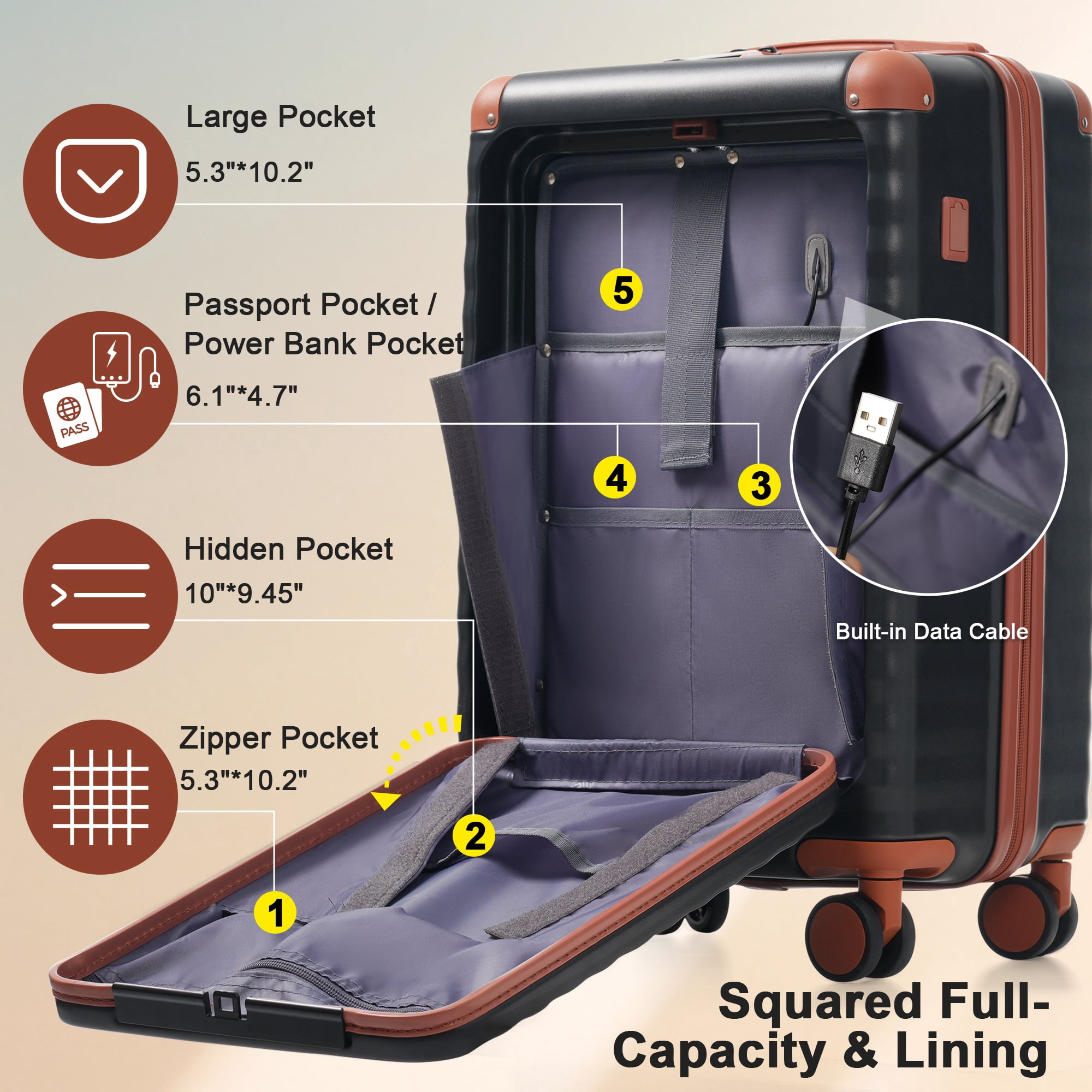 3-Piece Luggage Set, 20"24"28", USB Port, Cup Holder, Expandable, TSA Lock, Travel Accessories