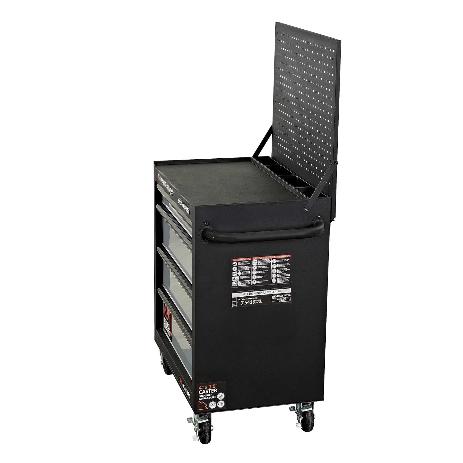 27 in. 4-Drawer Mobile Workstation with Flip-up Pegboard
