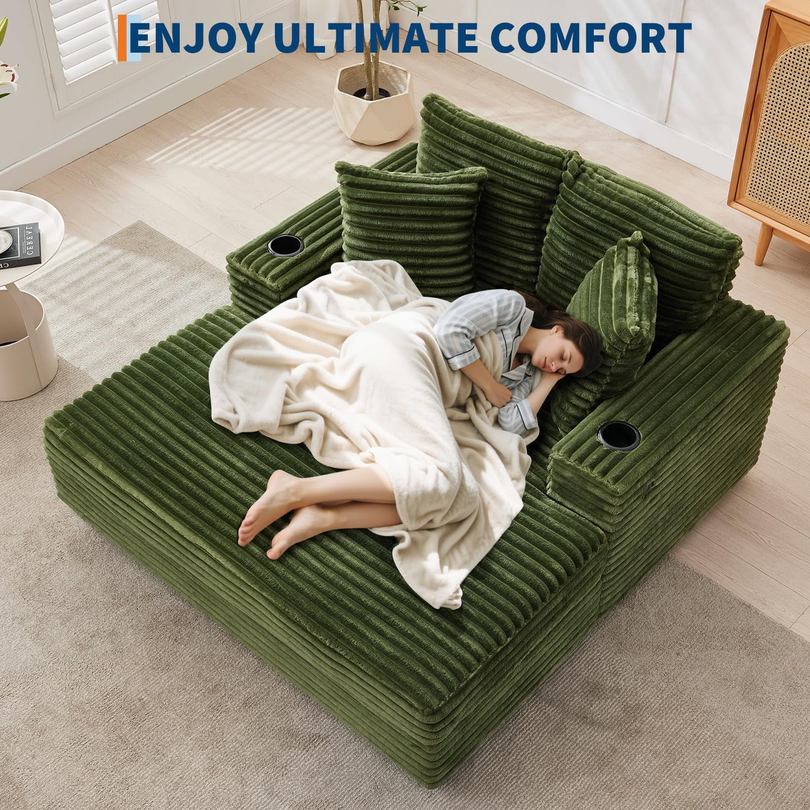 Oversized Corduroy Chaise Lounge Chair with Cup Holder & USB Charging Port, 54" Wide Plush Sofa with High-Density Foam & Supportive Springs for Living Room