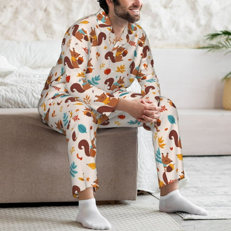 Vsdgher Forest Squirrel Nuts Mens Pajama Set Soft Warm Long Sleeve Sleepwear Cozy Button Down Pjs for Men Walmart