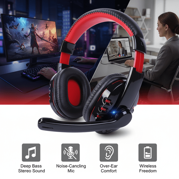Wireless Bluetooth 4.2 Gaming Headset Over Ear with Noise Canceling Microphone Deep Bass Stereo Sound for PC Console Laptop Mobile Phone Home Office Study Call Center Online Learning