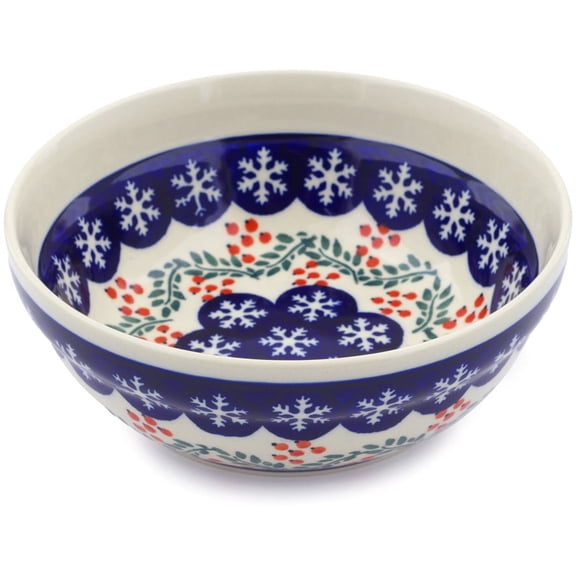 Polish Pottery 6½-inch Bowl (Snowflakes Tree Theme) Hand Painted in Boleslawiec, Poland   Certificate of Authenticity