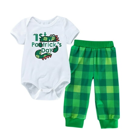 

Toddler Outfits Sets Summer St. Patricks Day Baby Boys Girls Short Sleeve Cute Cartoon Romper Tops Plaid Pants Trousers 2Pcs Kids Clothes Suit