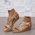thumbnail image 3 of SACFOF Womens Wedge Sandals Low Heel Dressy Sandals Elastic Ankle Strap Rhinestone Sandals Summer Outdoor Beach Shoes, 3 of 6