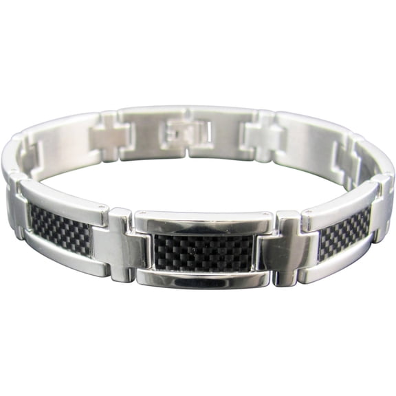 Men's Polished Stainless Steel Black Carbon Fiber Link Bracelet, 8.25"