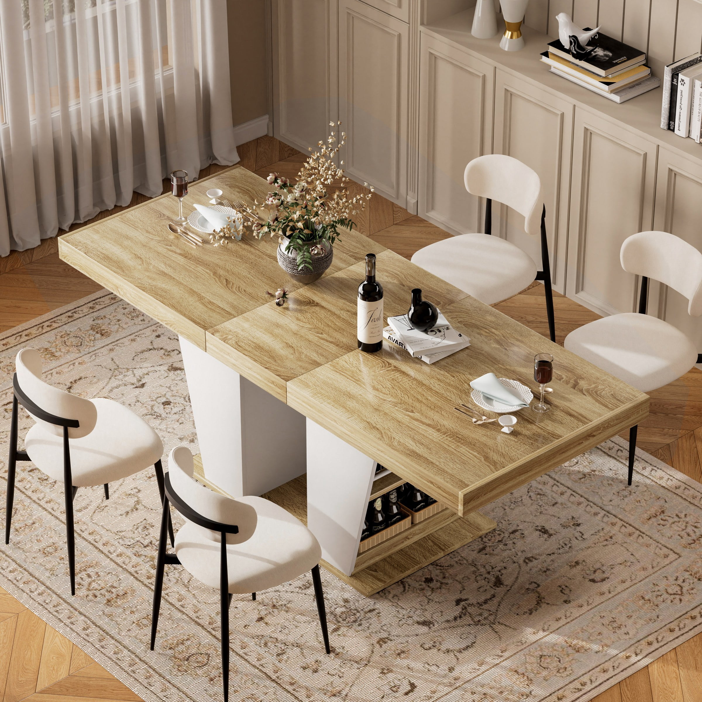 78.7" Rustic-Style Extendable Dining Table, Seats 8–10 People, Dining Table With Storage Shelves On Both Sides, Mid-Century Modern-Style Extendable Wooden Kitchen Table, Natural+White